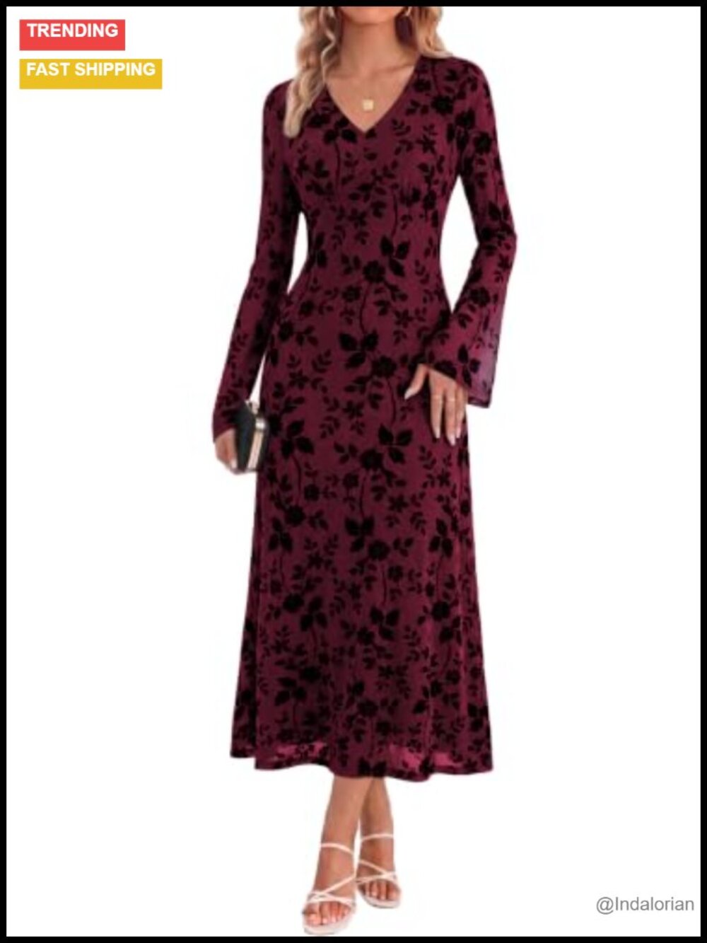 Floral Long Sleeve V-Neck Bodycon Maxi Dress Wedding Guest Formal